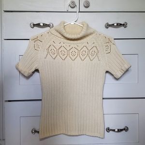 Cream Yellow Knit Short Sleeve Turtle Neck Top (Small)